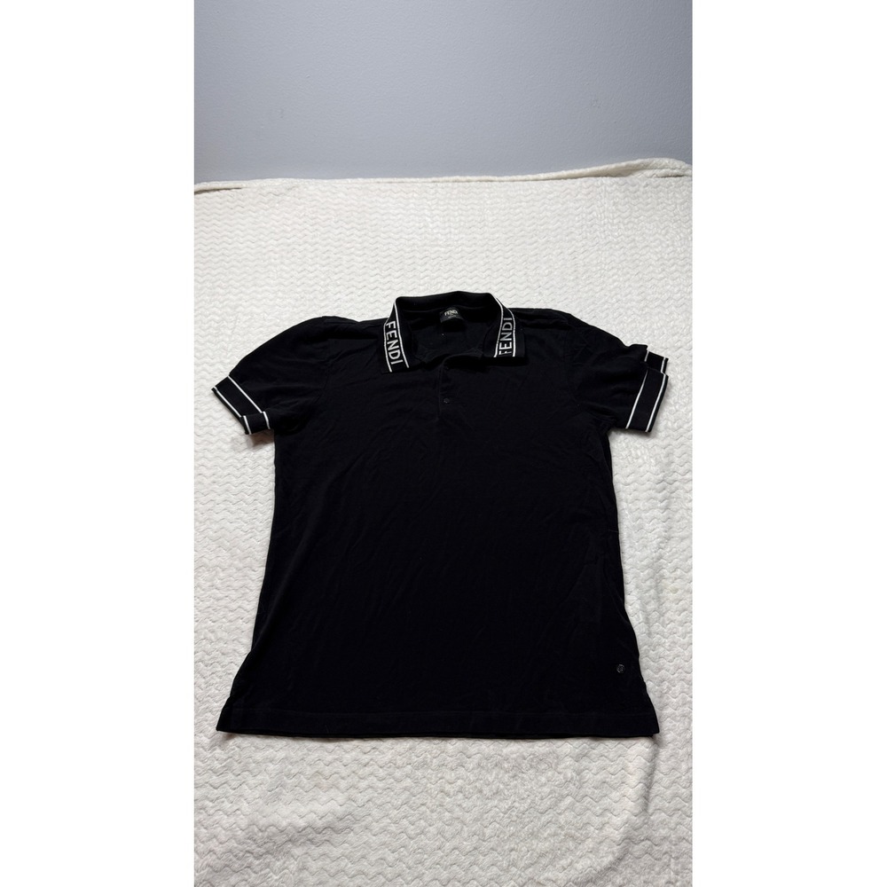 Fendi Roma Mens Black Logo Tape Collar Pique Polo Shirt Made in Italy